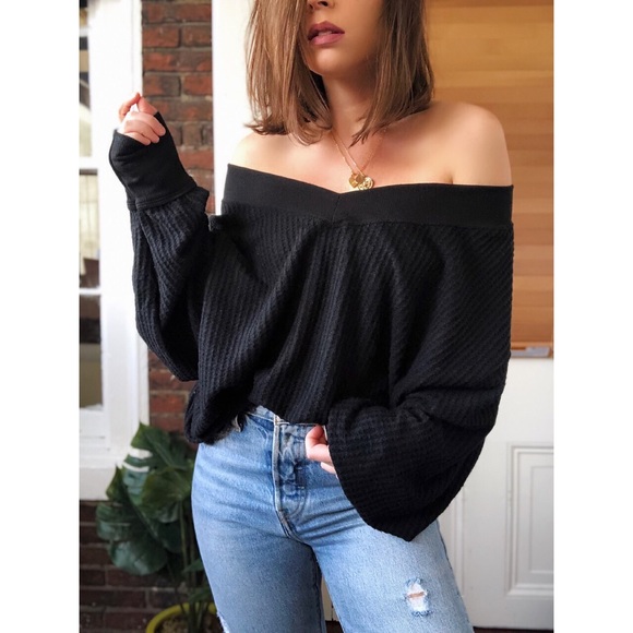 Last 1✨Mila Black Waffle Knit off the Shoulder Top - Picture 7 of 8